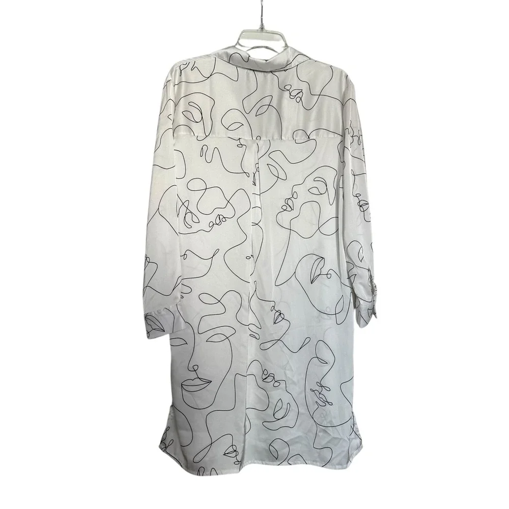 Contemporary Womens Faces Long Shirt Dress Duster Sz M White ‎ Abstract Art Deco